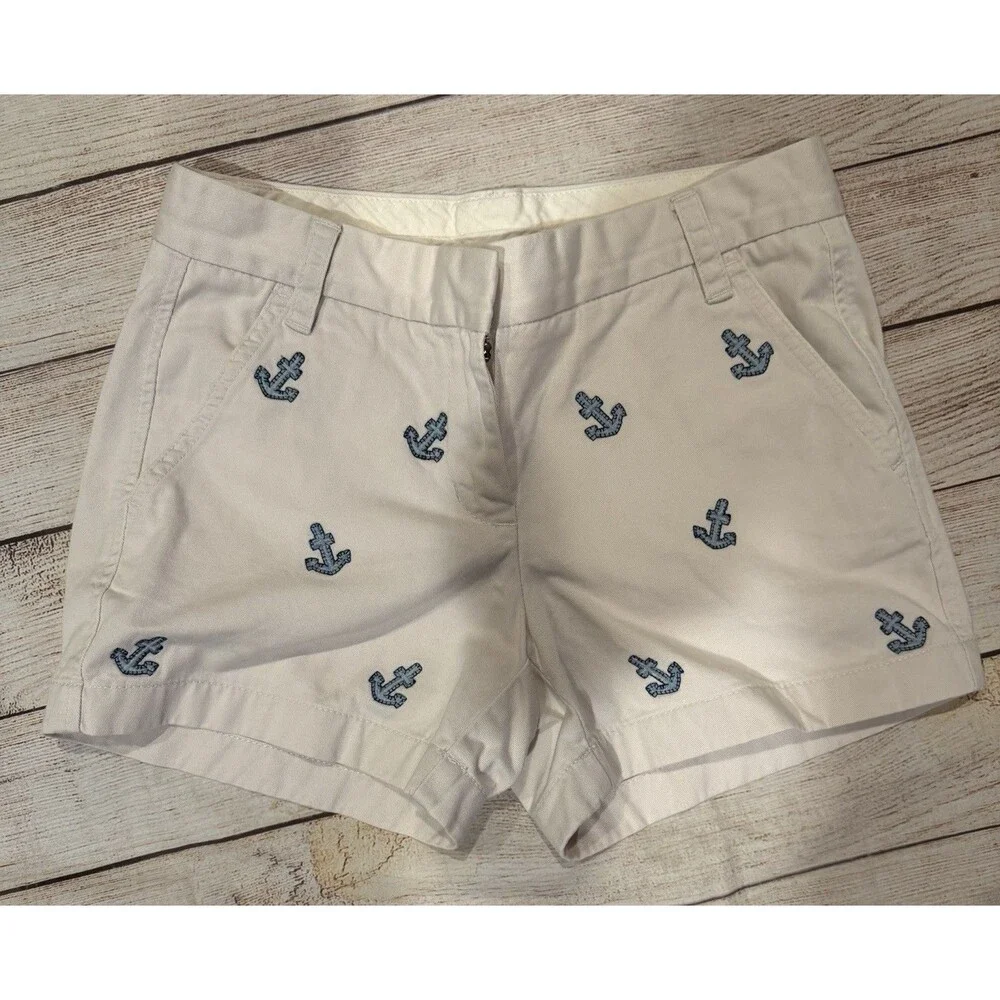 J. Crew Embellished Anchor Shorts Khaki Beige Summer Casual Size 00
